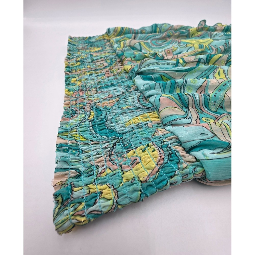 Tamara H Womens Paisley Clip Dot Blouse Smocked Hem Ruffle Neck Turquoise Large - Picture 3 of 10